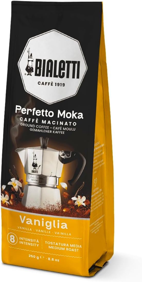 Bialetti Perfetto Moka Vanilla Ground Coffee Medium Roast 8.8oz Aroma-Saving Valve