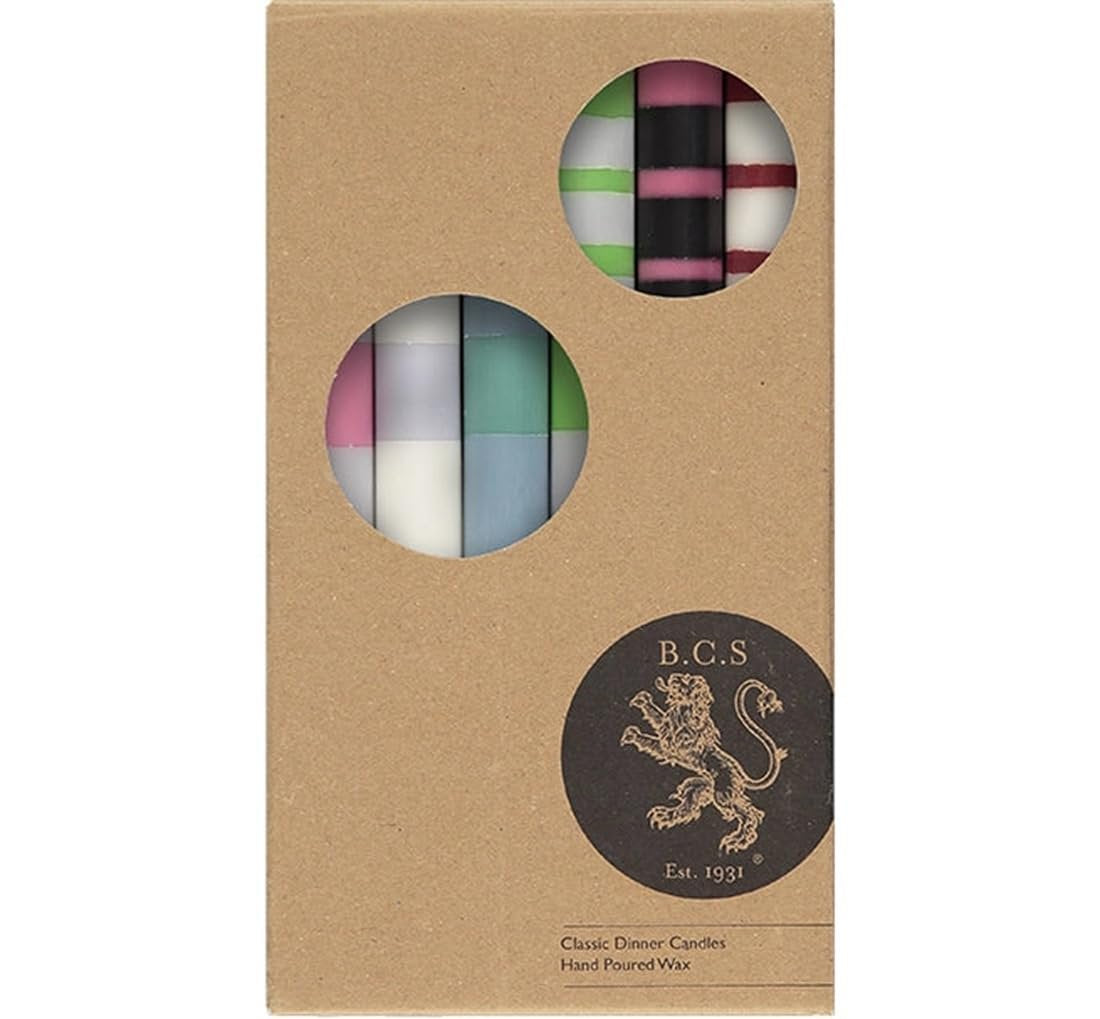 British Colour Standard Hand-Poured Striped Dinner Candles - Eco-Friendly Fair Trade Set of 6, 10-Hour Burn Time