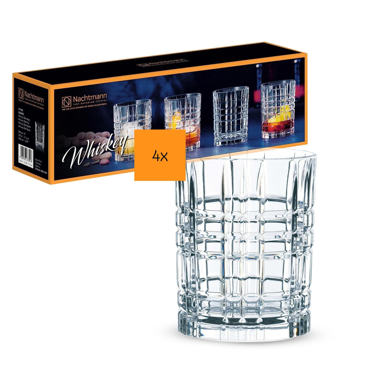 Nachtmann Square 11 Oz Whiskey Glass (Set of 4) - Crystal Double Old Fashioned Glasses, Modern Linear Rock Glasses for Cocktails & Bourbon, Dishwasher Safe Drinkware - Restaurant & Barware Essentials