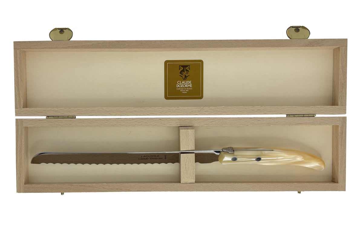 Laguiole Bread Knife Pearl, Berlingot Acrylic Handle in Box by Claude Dozorme