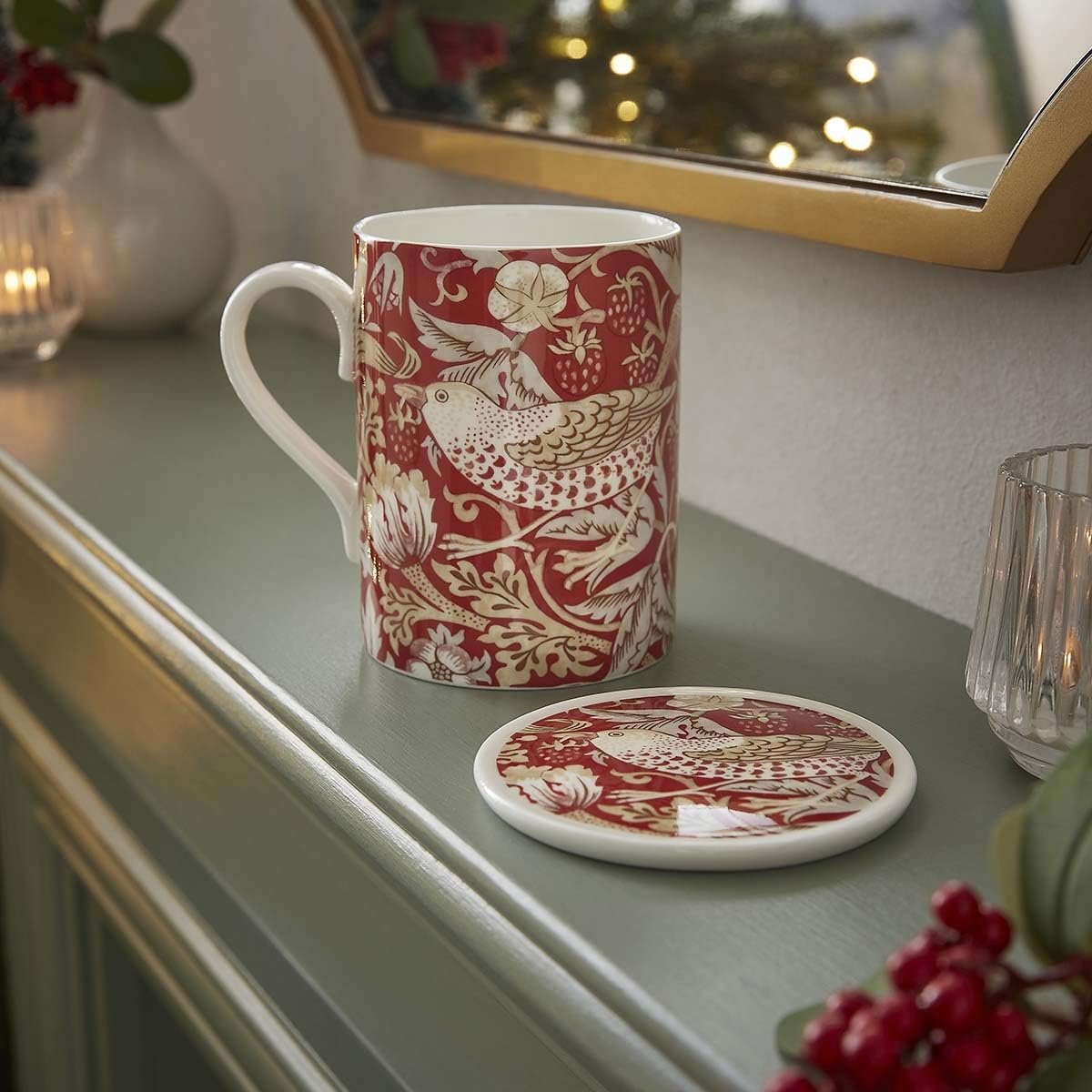 Spode Morris & Co 0.34 Litre Mug & Coaster Set - Strawberry Thief, Madder