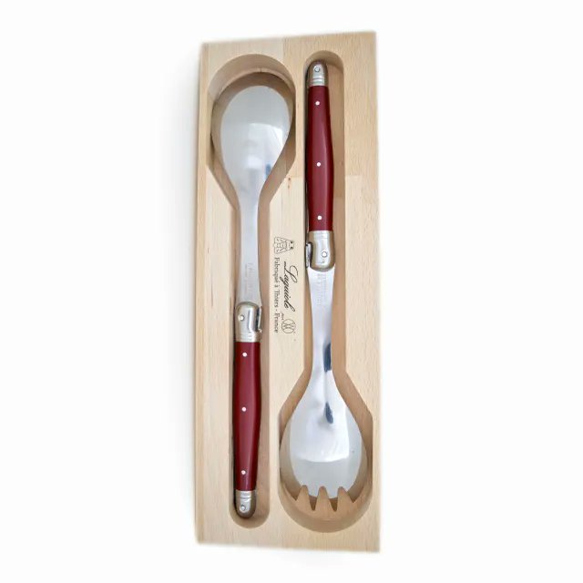 André Verdier Laguiole Debutant 2-piece salad server set cherry red handle in beech wood gift box