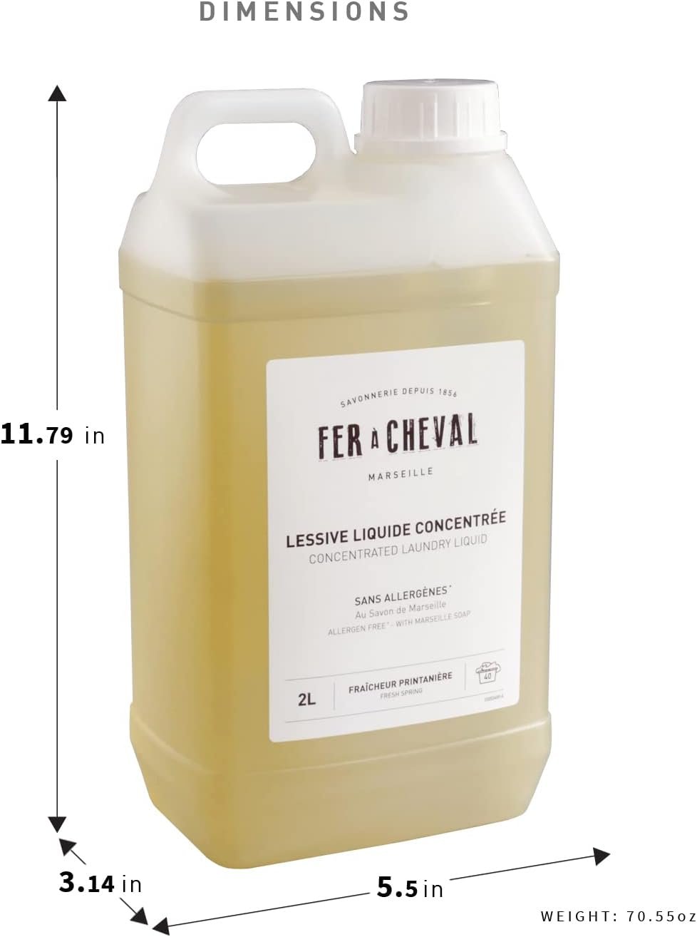 Fer a Cheval Concentrated Laundry Liquid, Allergen Free with Marseille Soap Laundry Detergent Liquid, Organic Washing Detergent Laundry Soap, Fresh Spring, 67.6 Fl oz/2 Liters