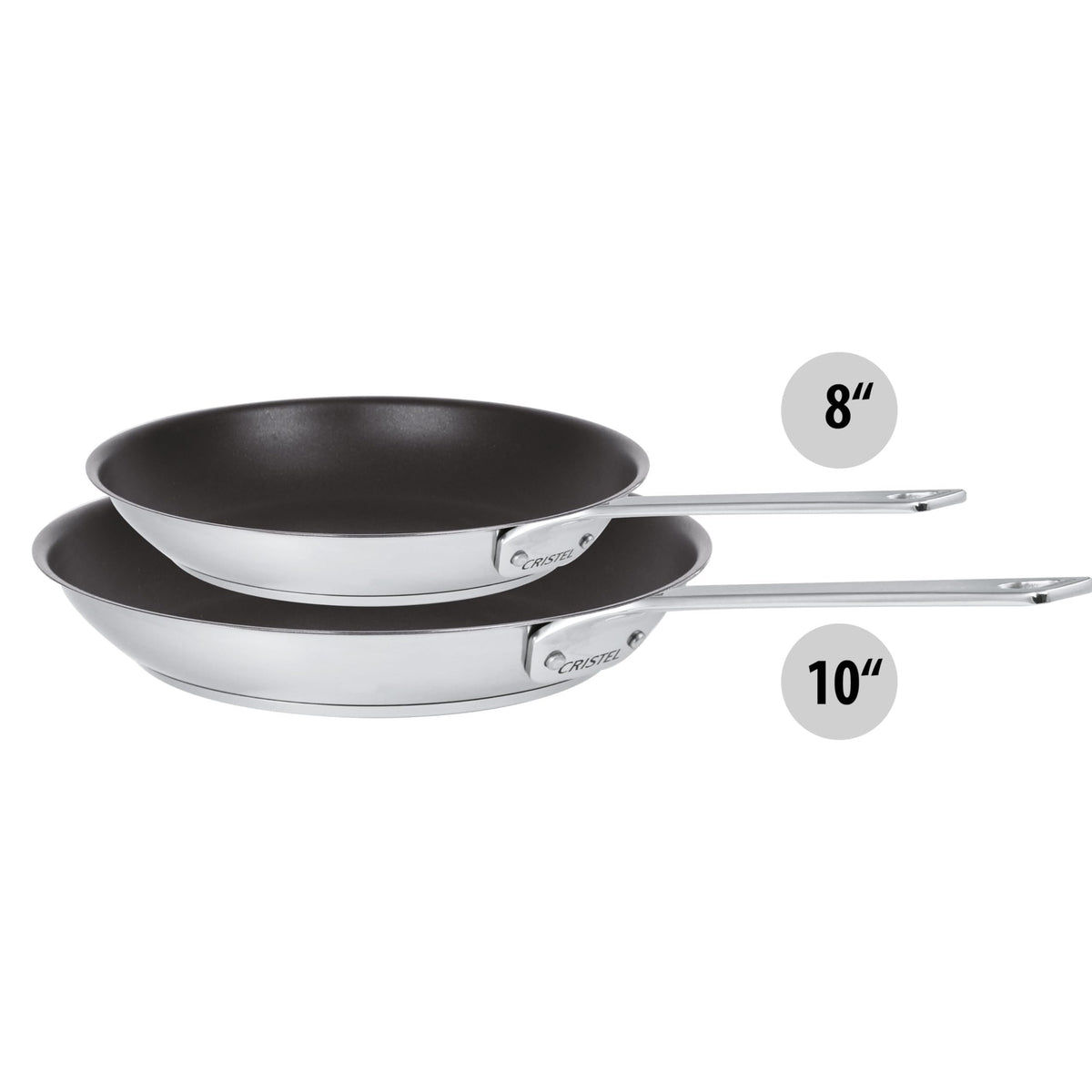 Cristel 1826 Collection 2-Piece Non-stick Frying Pan Set, Made in France, 18/10 Stainless Steel, 3-Ply Construction, Double Riveted Fixed Handle, Oven and Dishwasher Safe