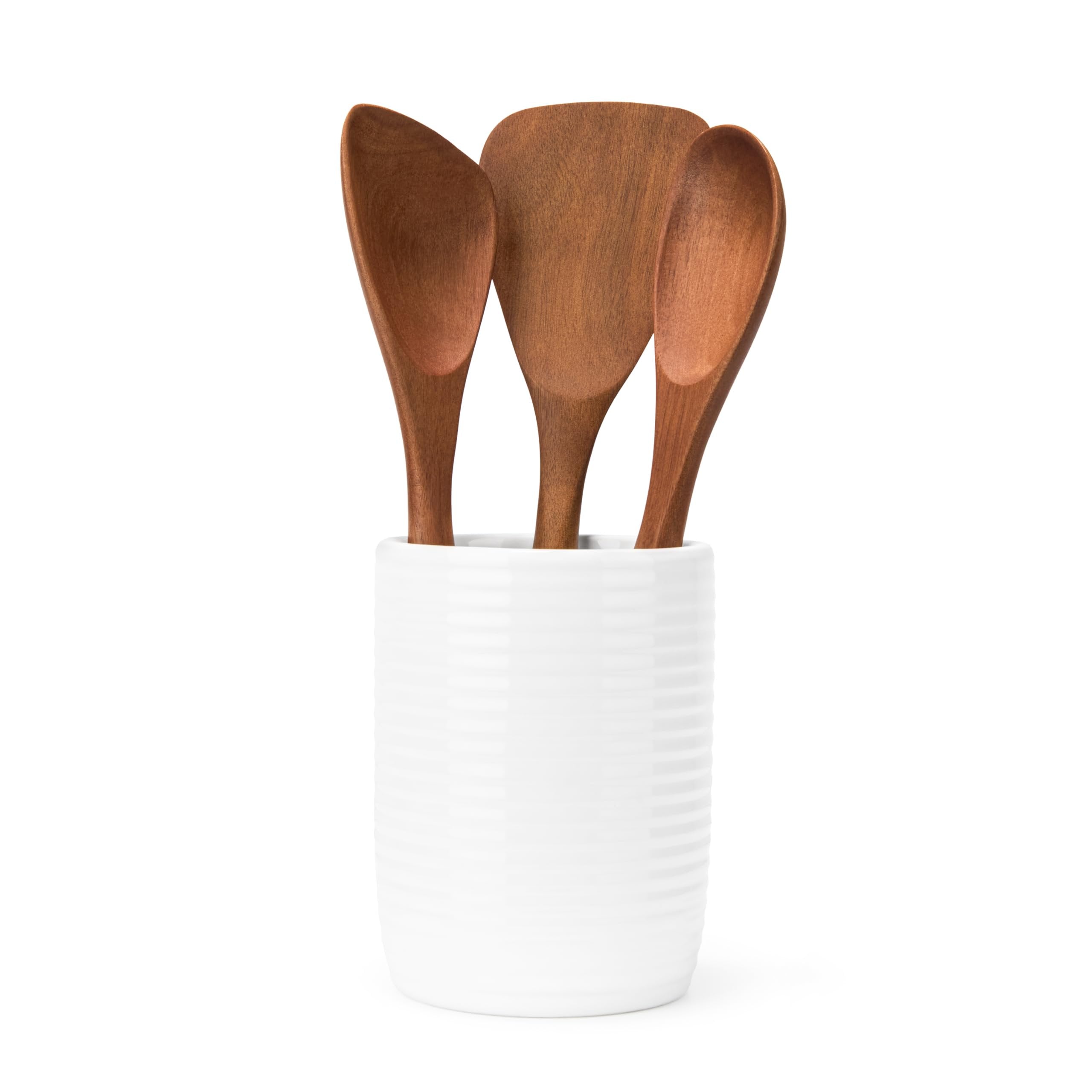 Nambe x Tom Papa Breaking Bread Canister with Acacia Wood Utensils - Contemporary Stoneware Kitchen Tool Holder, Includes Round Spoon, Flat Spoon & Spatula - Modern Baking & Cooking Tools