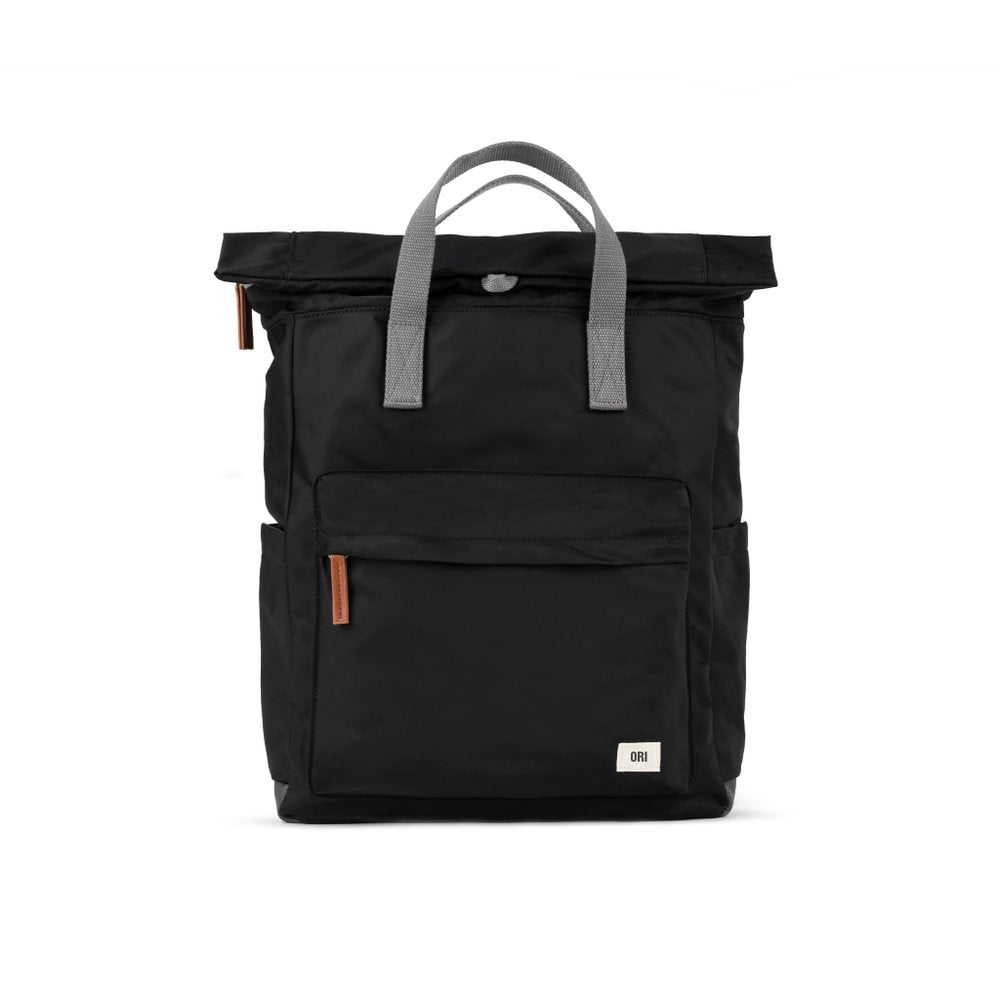 ORI London Canfield B large roll-top backpack in black recycled nylon with side pockets