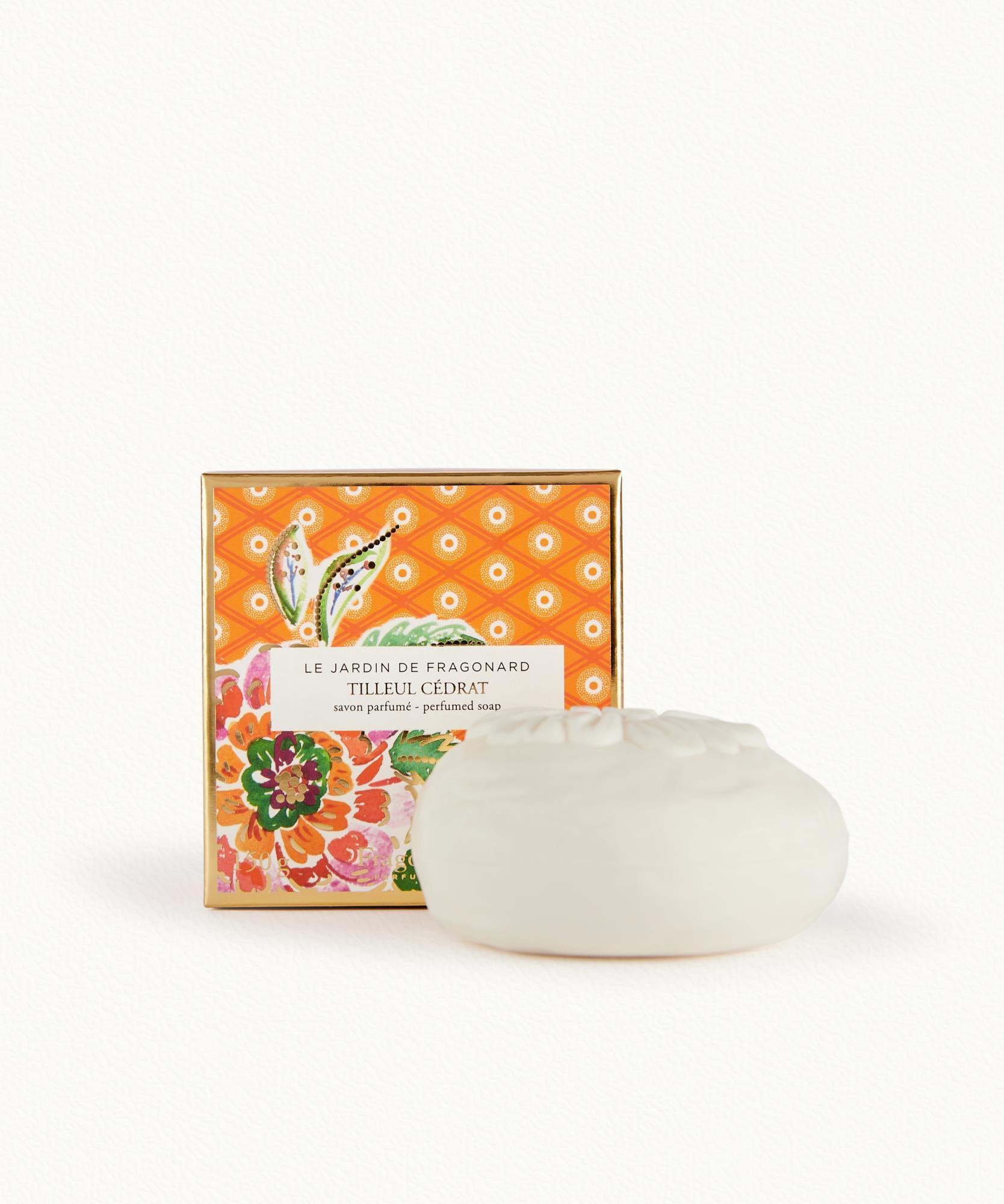 Fragonard Tilleul Cedrat perfumed soap 150g in Le Jardin de Fragonard box on white background