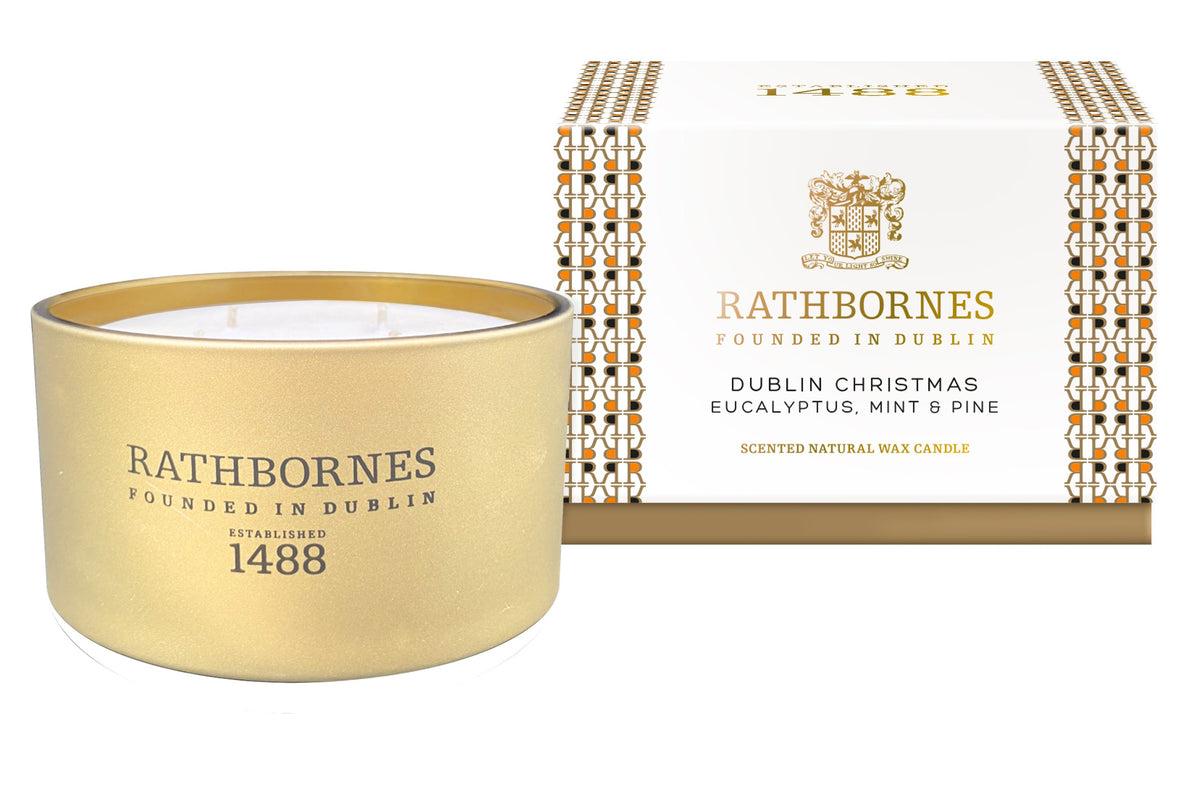 Rathbornes Dublin Christmas Scented Luxury Candle 390g | Natural Wax Clean-Burn Holyday Festive Celebration Fragrances of Eucalyptus Cinnamon Mint Orange Spices and Woody Scents Candle