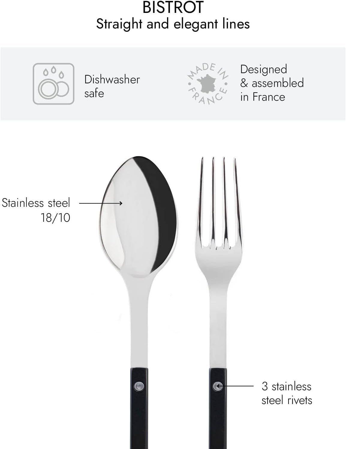 Sabre-Paris 2-Piece Serving Set - Bistrot Collection - Large Fork & Large Spoon - Stainless Steel & Nylon - Dishwasher Safe - Brilliant Finish