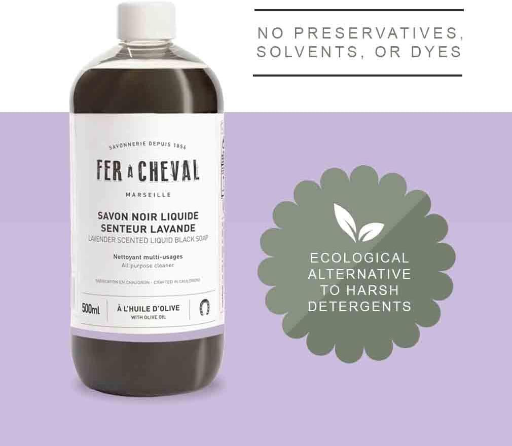 Fer a Cheval All Purpose Cleaner, Lavender Scented Liquid Black Soap Multi Surface Cleaner, 16.91 fl oz Multipurpose Natural Black Soap Liquid with Olive Oil for Home & Garden