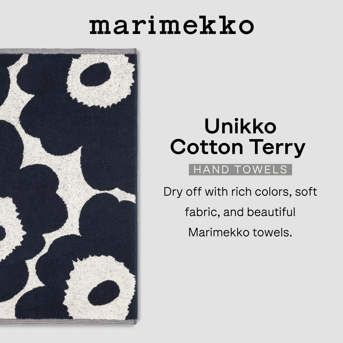 MARIMEKKO Unikko Terry Cotton Hand Towel (Dark Blue) – Floral Patterned Hand Towels – 28 in x 20 in