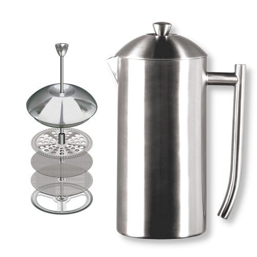 Frieling Brushed French Press Disassembled Showing All Parts Dishwasher Safe