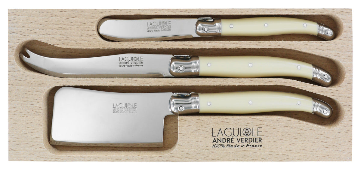 Laguiole bee emblem on ivory ABS handle of André Verdier cheese knife