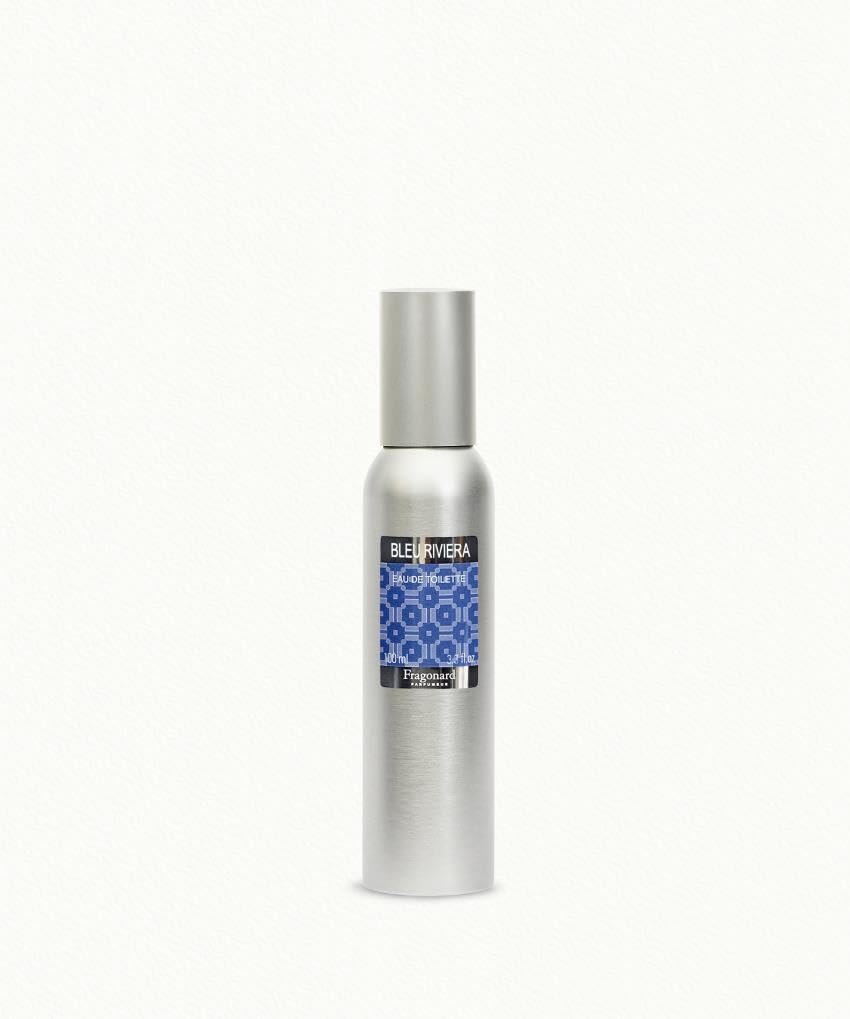 Fragonard Bleu Riviera 100ml EDT aluminium bottle close-up Grasse France