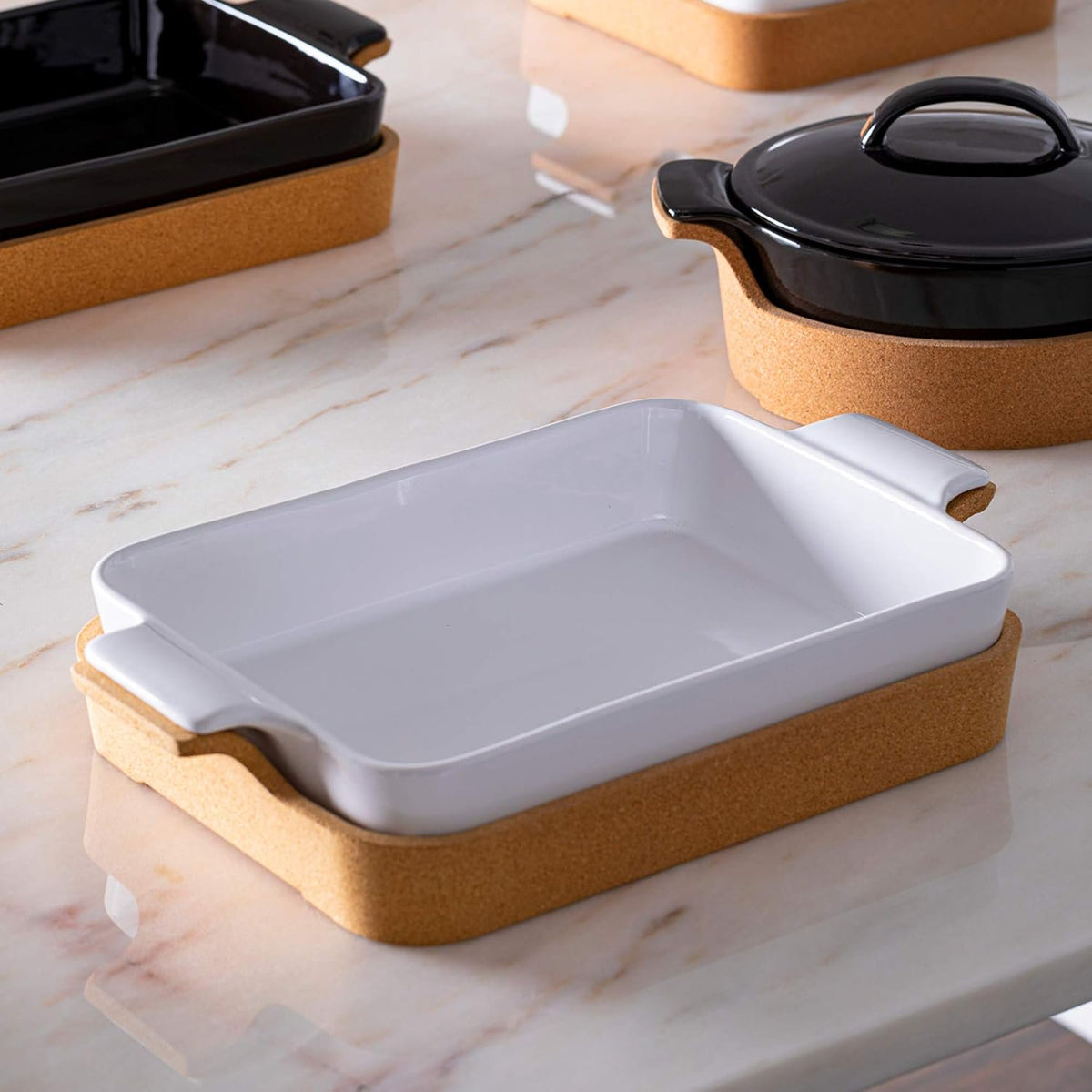 Casafina Ceramic 16" x 10.25" Rectangular Baker with Cork Tray - Ensemble Collection, White | Oven & Dishwasher Safe Bakeware | Food Safe Glazing | Restaurant Quality Dinnerware