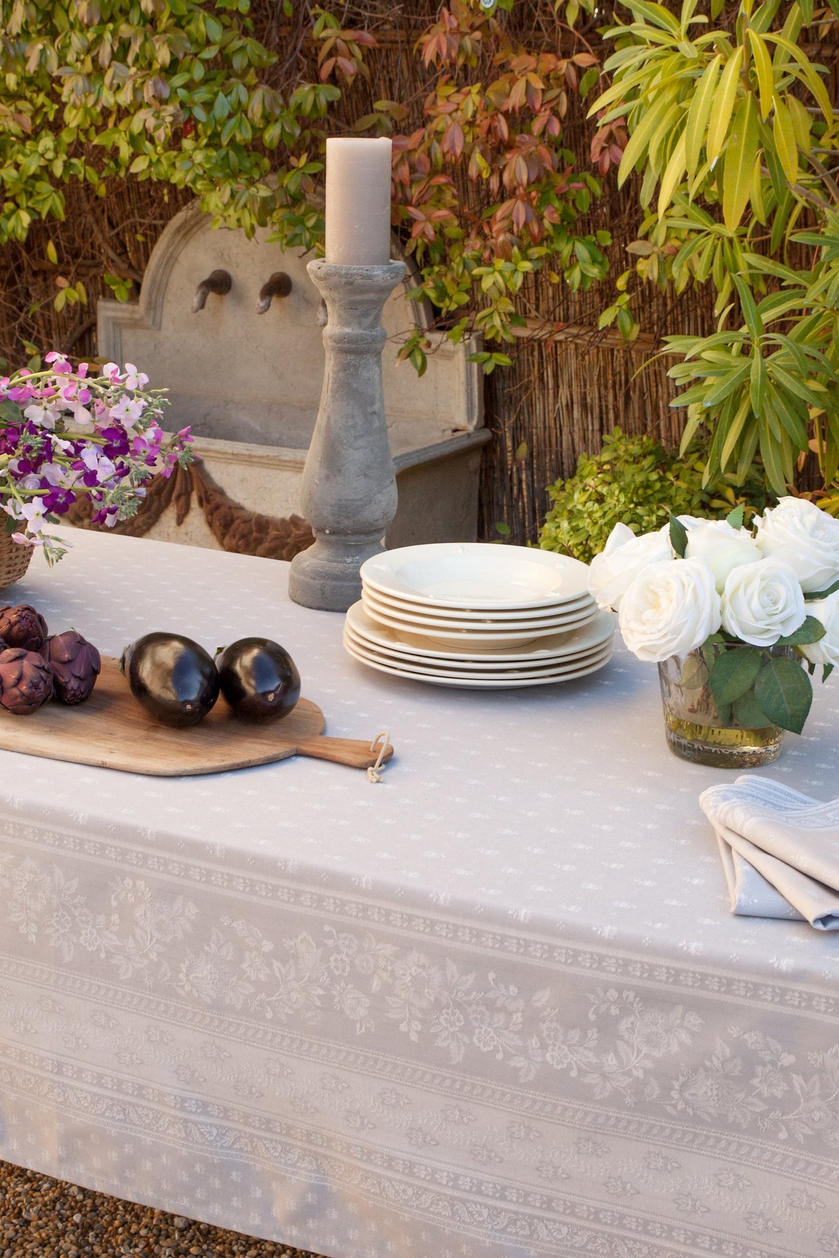 Jacquard Ecru Rectangular Provencal Tablecloth | 63" x 138" | Easy Care Luxury French Linen