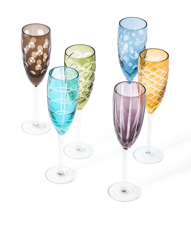 Colorful Pols Potten Champagne Glasses with Unique Cut Pattern – Full-Colored Glass Set