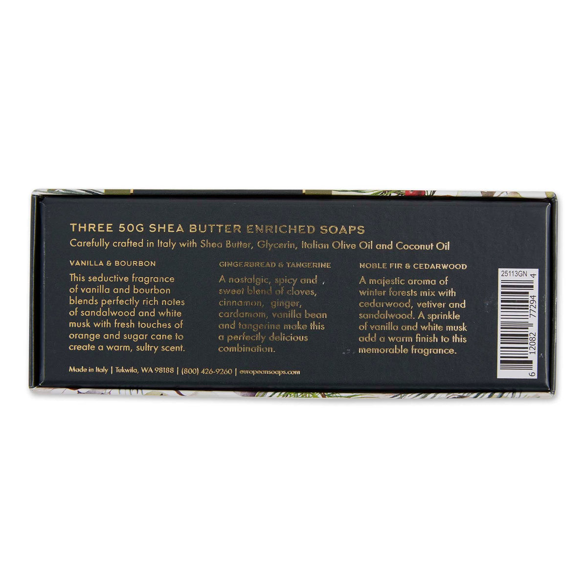 Via Mercato Natale Shea Butter Soap Gift Set of 3 | Gingerbread, Vanilla & Noble Fir