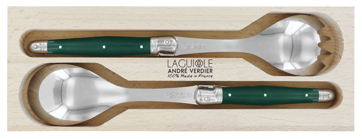 Tropical green handle salad servers with welded Laguiole bee, 9.75" long