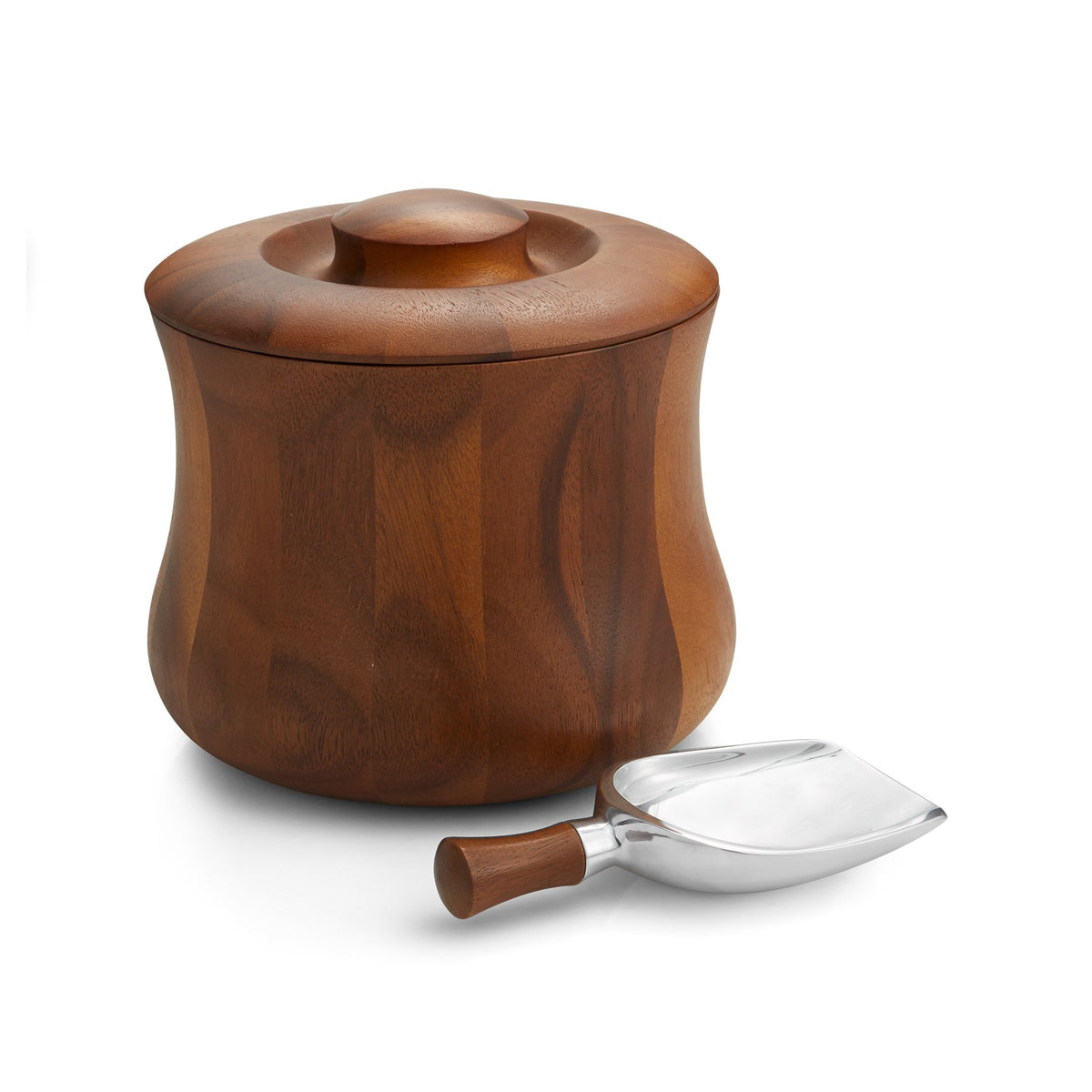 Nambé Nara Ice Bucket with lid and scoop in acacia wood and alloy