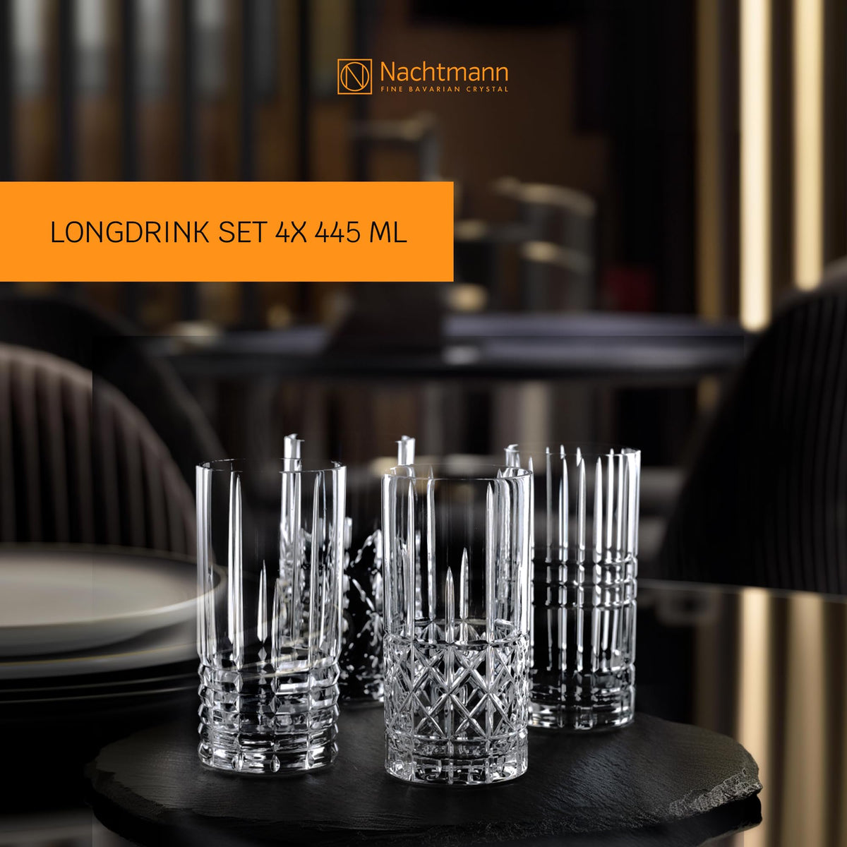 Nachtmann Highland Long Drink Glass Set of 4 Crystal Straight Cut Clear