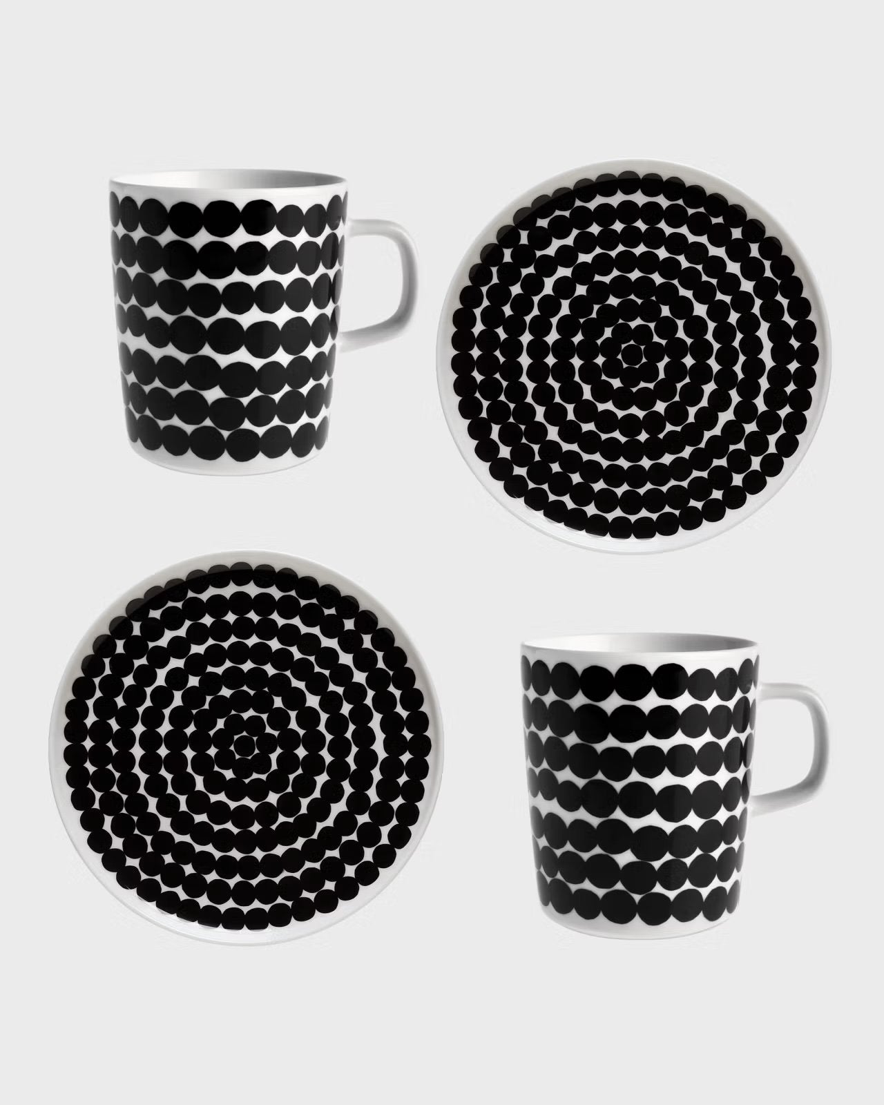 Oiva Räsymatto Breakfast Set in Black & White | 2 Mugs & 2 Plates
