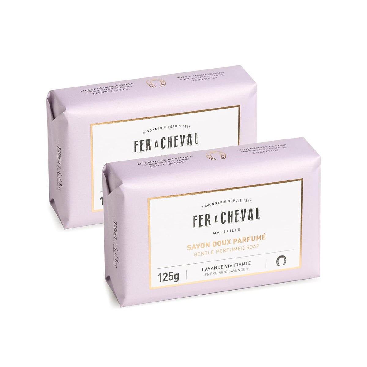 Fer a Cheval Marseille Soap Bar 2 Pack 125g Lifestyle Bathroom Counter Argan Oil France