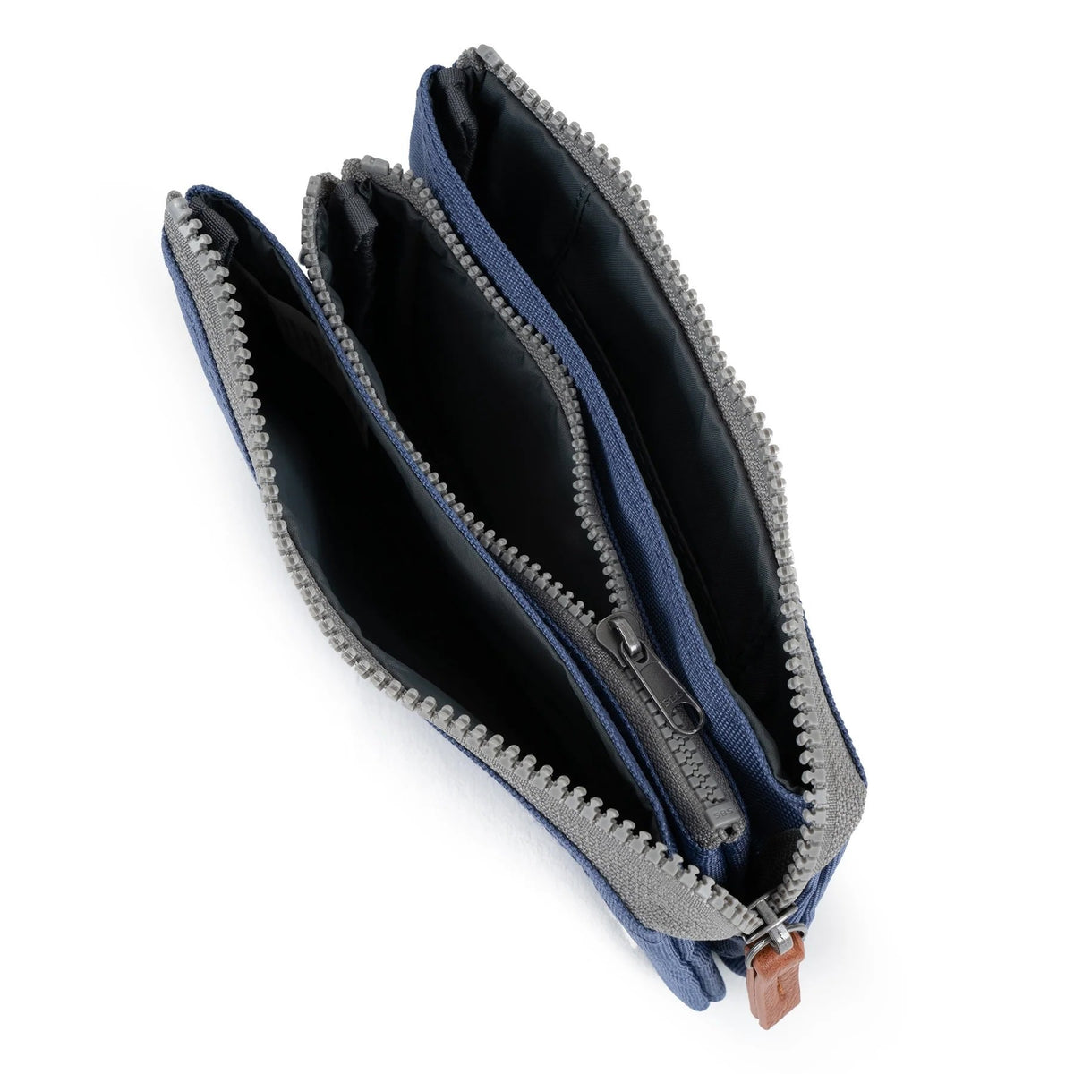 Burnt blue ORI wallet with chunky zipper and branded metal hardware