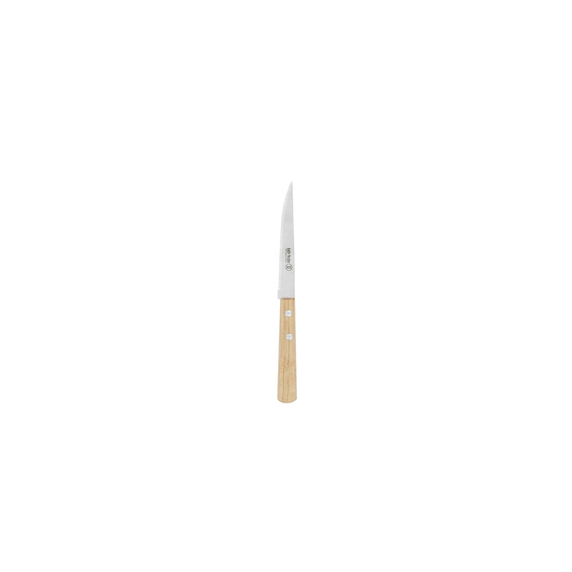 André Verdier double serration steak knife set 4pc natural wood styled on dining table