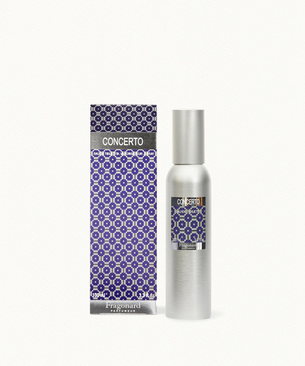 Fragonard Concerto Eau de Toilette 100ml refillable aluminium bottle on white background
