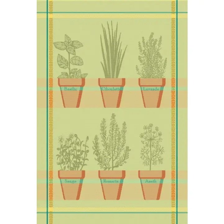 Kitchen Tea Towel Fine European Linens Jacquard 100% Cotton  "Green Herbs on Pot" (20x28")