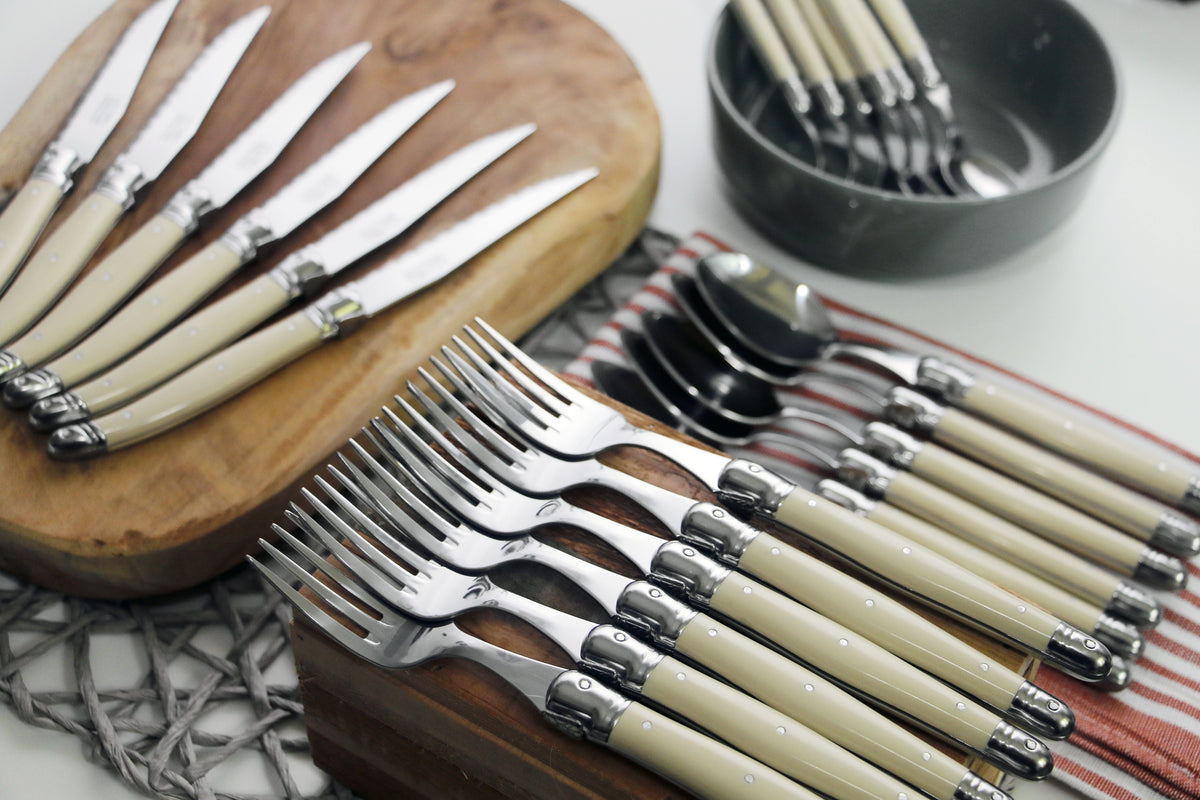 Andre Verdier Laguiole Debutant Flatware Set 4 Piece Place Setting | Service for 6 (24 Pieces) | Ivory Handle