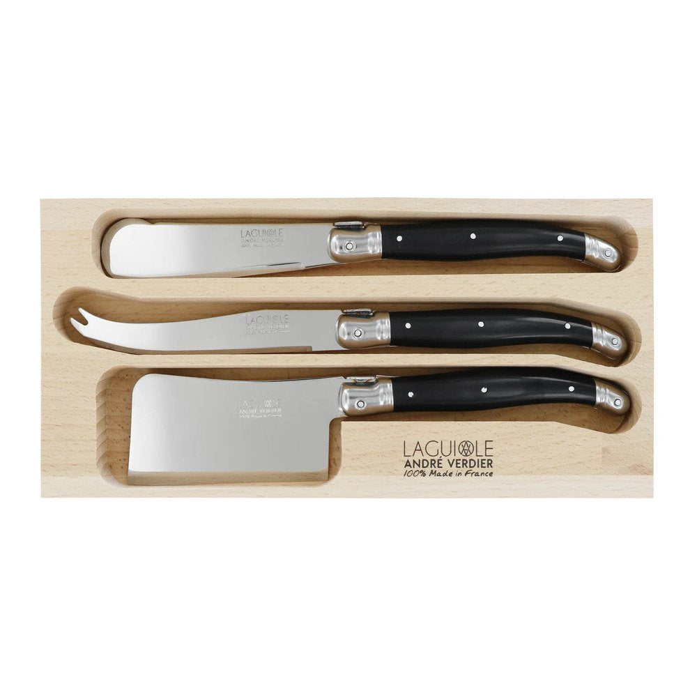 André Verdier Laguiole Debutant 3 piece cheese knife set with black handles