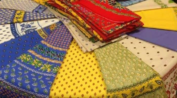 Le Cluny, Lisa Yellow and French Blue, French Provence 100 Percent Coated Cotton Tablecloth, 60 Inches x 84 Inches (60" X 120")