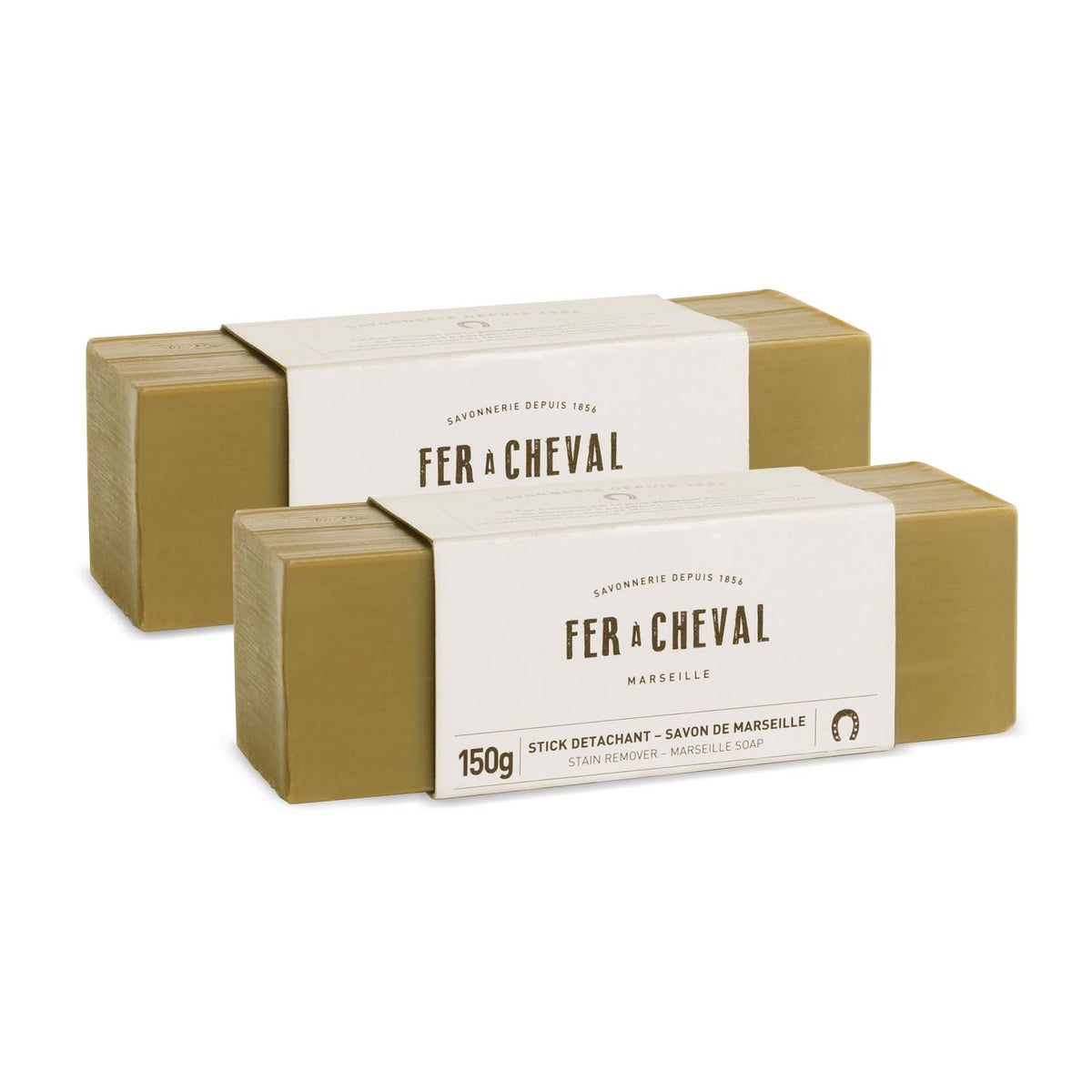 Fer à Cheval Marseille Soap Stain Remover Stick 2 Pack - Natural, Hypoallergenic, Travel-Sized Laundry Solution, 150 g/5.29 oz (Stick)