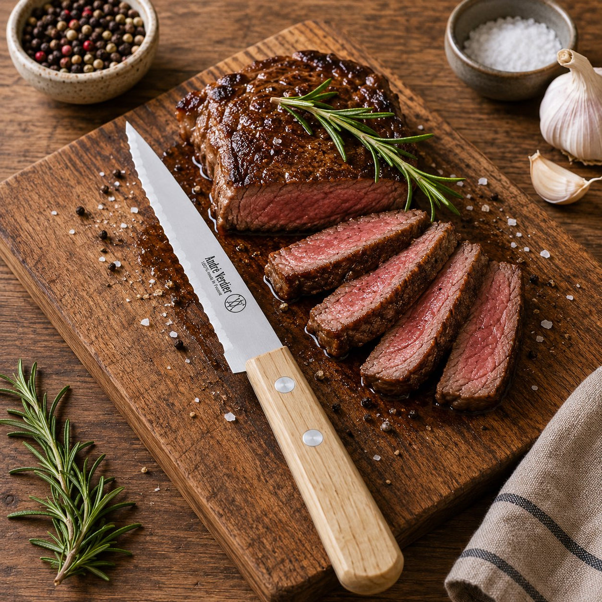 André Verdier double serration steak knife set 4pc natural wood handle stainless steel France