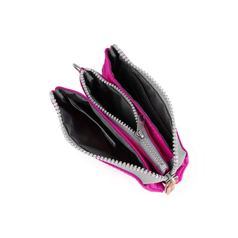 Compact bright pink zippered wallet with weatherproof recycled material