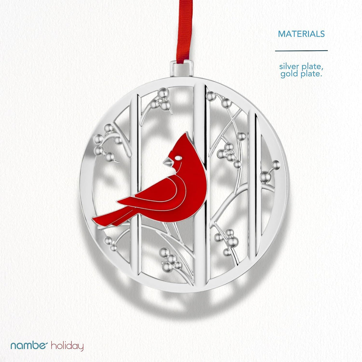 Nambé Cardinal Ornament close-up showing branch and bird detail