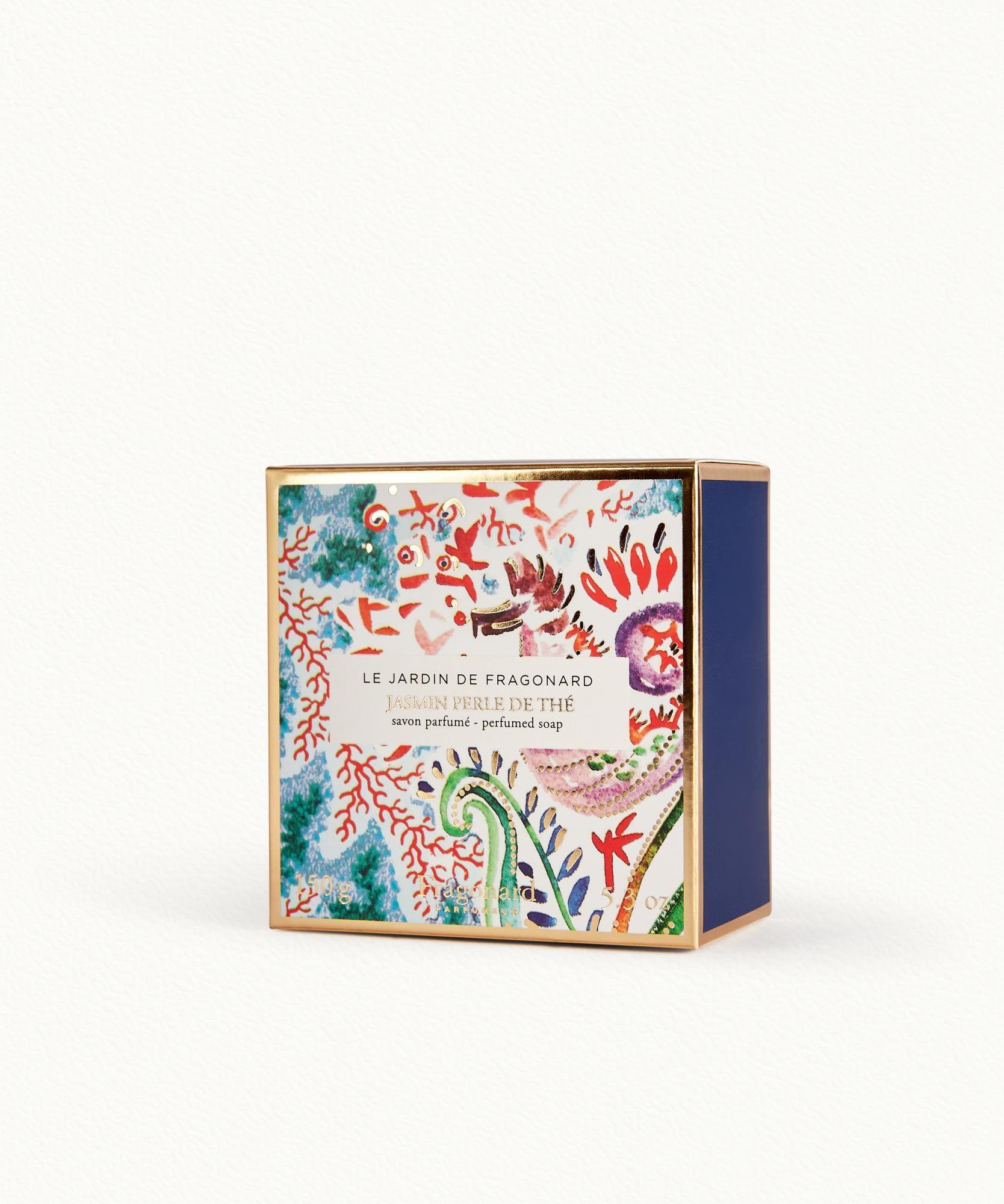 Fragonard Jasmin Perle de The 150g soap bar close-up with decorative packaging
