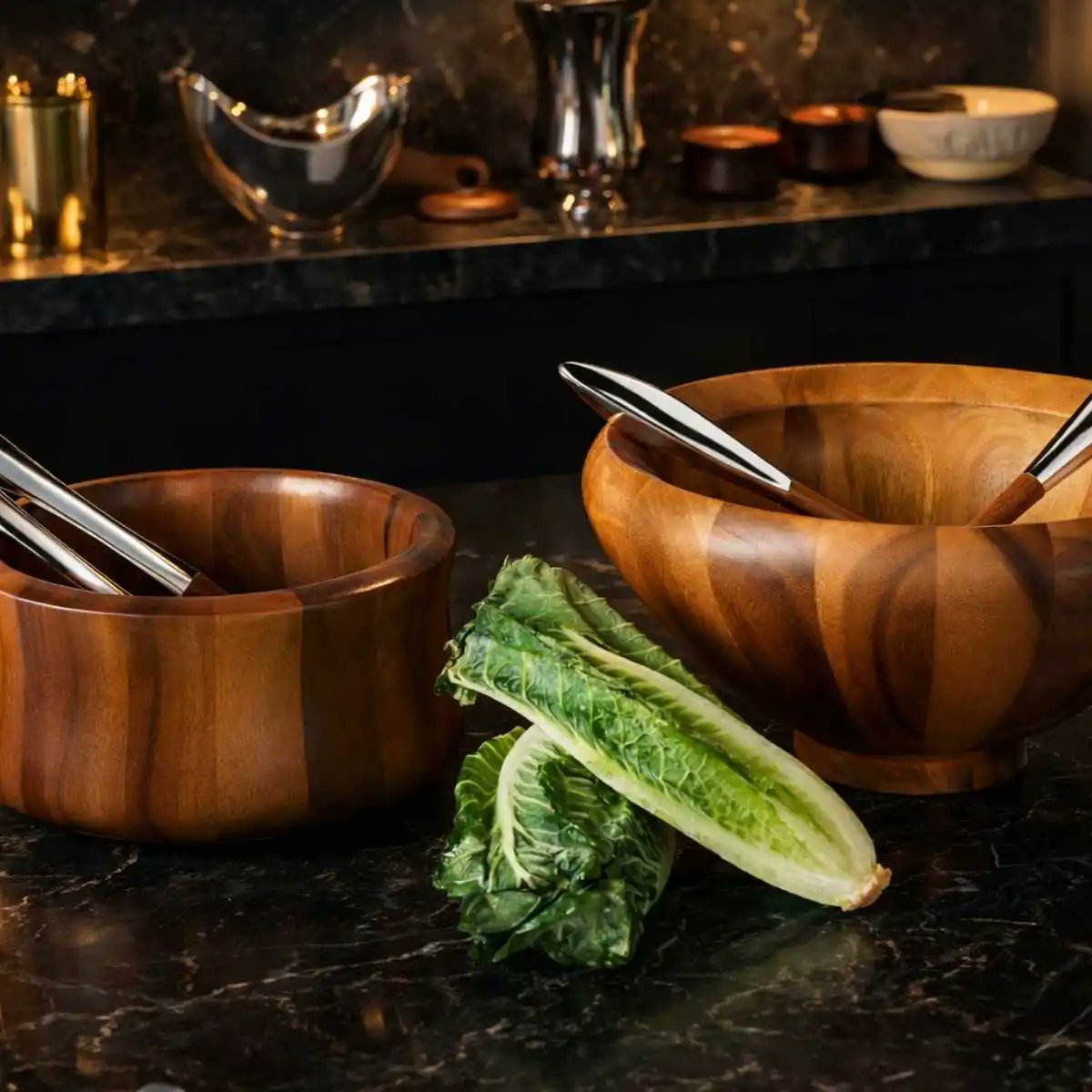 Nambé Nara Salad Bowl with Servers | Acacia Wood & Alloy |  3 Piece Set