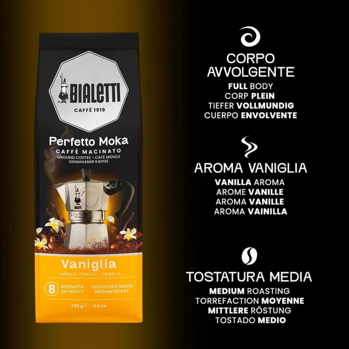 Bialetti Perfetto Moka Vanilla Ground Coffee Medium Roast 8.8oz Aroma-Saving Valve