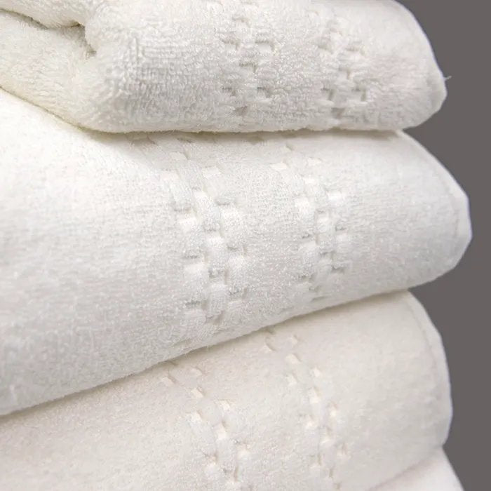 Garnier-Thiebaut White Towels Set 6 Pieces (2-Bath 2-Hand 2-Face Towel ) Mini-Squares Design
