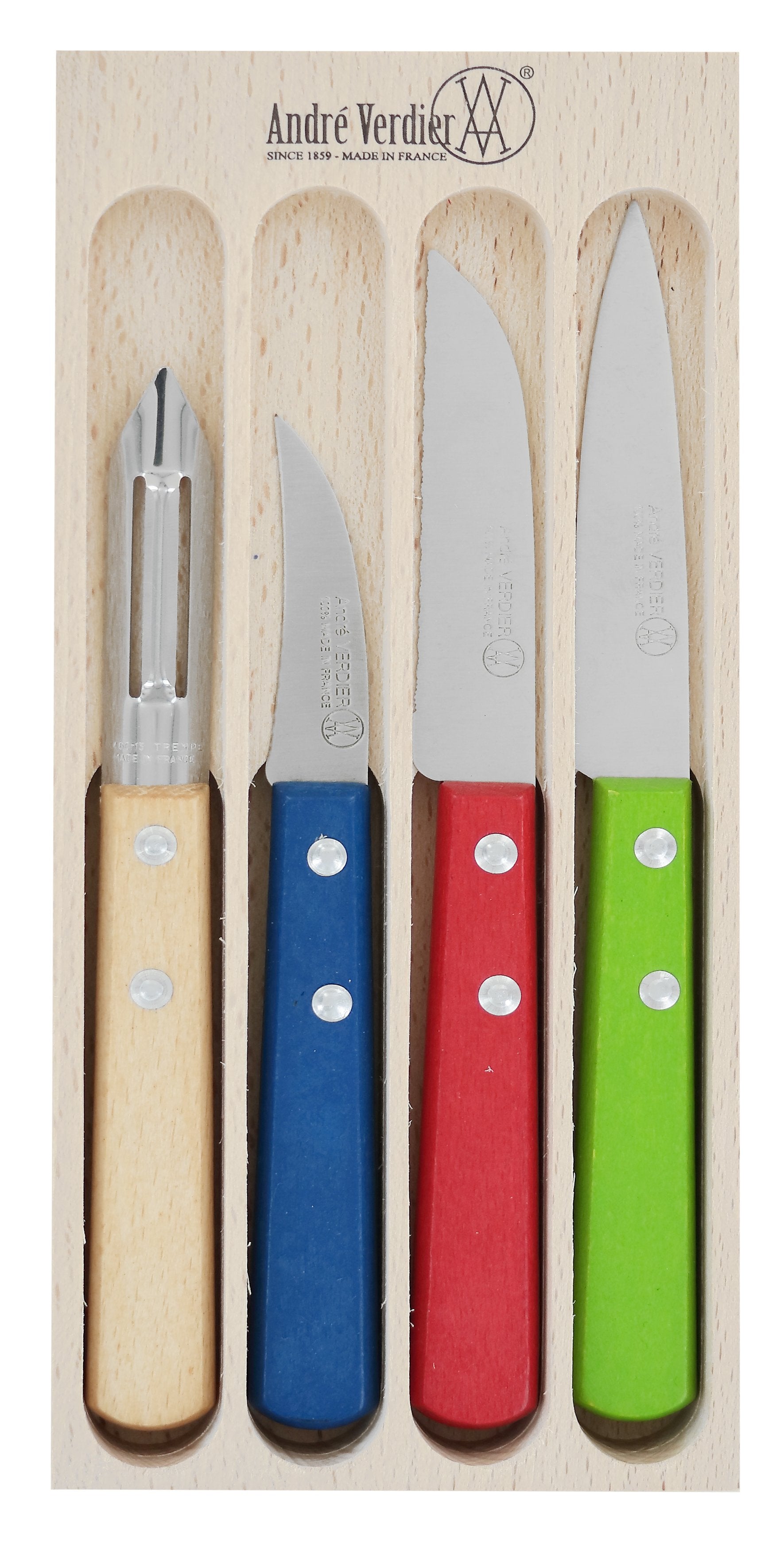 Andre Verdier Prepa Culi 4 Piece Knife Set | Peeler, Peeling Knife, Serrated Peeling Knife, Paring Knife | Multi-Color Handle