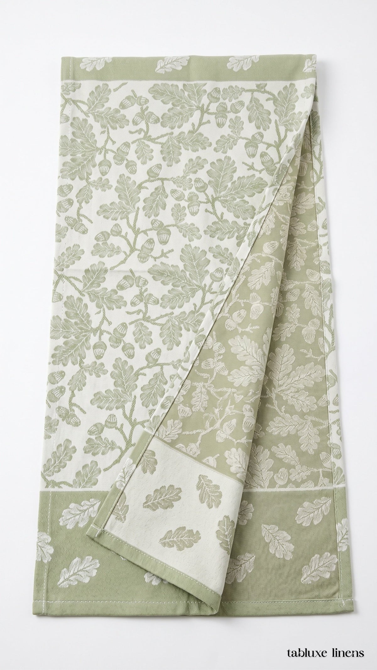 Busatti Rovere Olive Green jacquard towel showing front and reverse side of the weave
