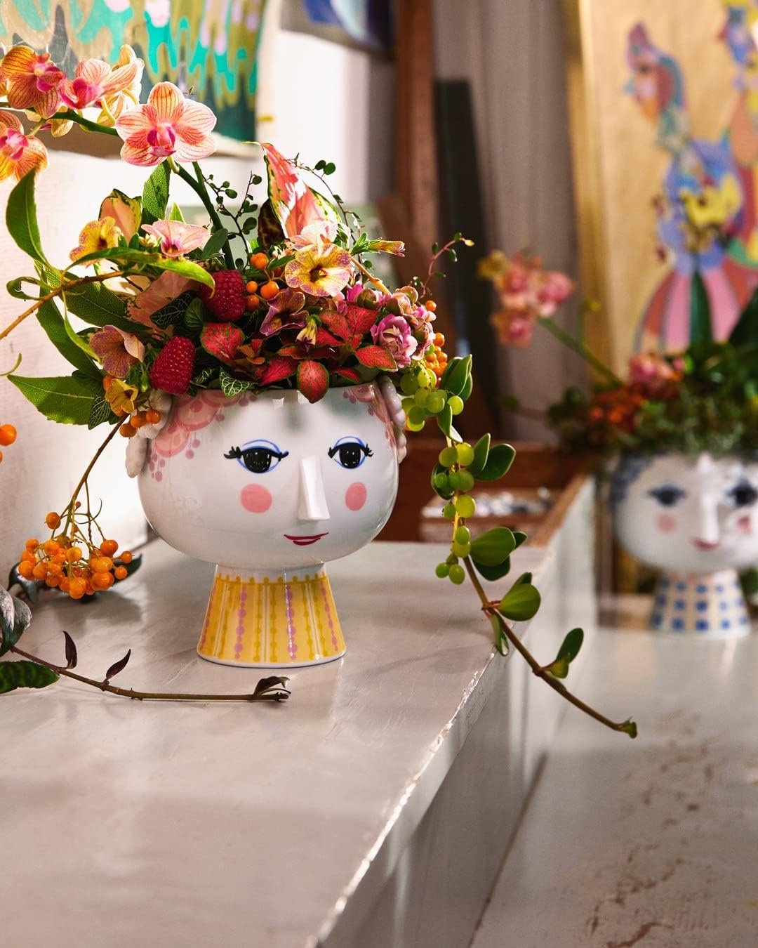 Bjørn Wiinblad Eva Pink & Yellow Porcelain Flowerpot Vase