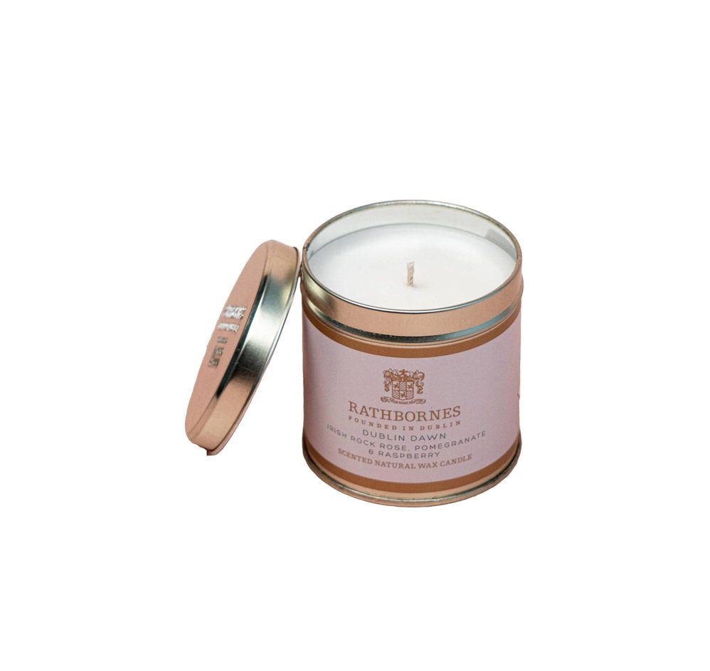 Rathbornes Dublin Dawn Scented Natural Wax Candle Tin (Irish Rock Rose, Pomegranate & Raspberry) 40-hours