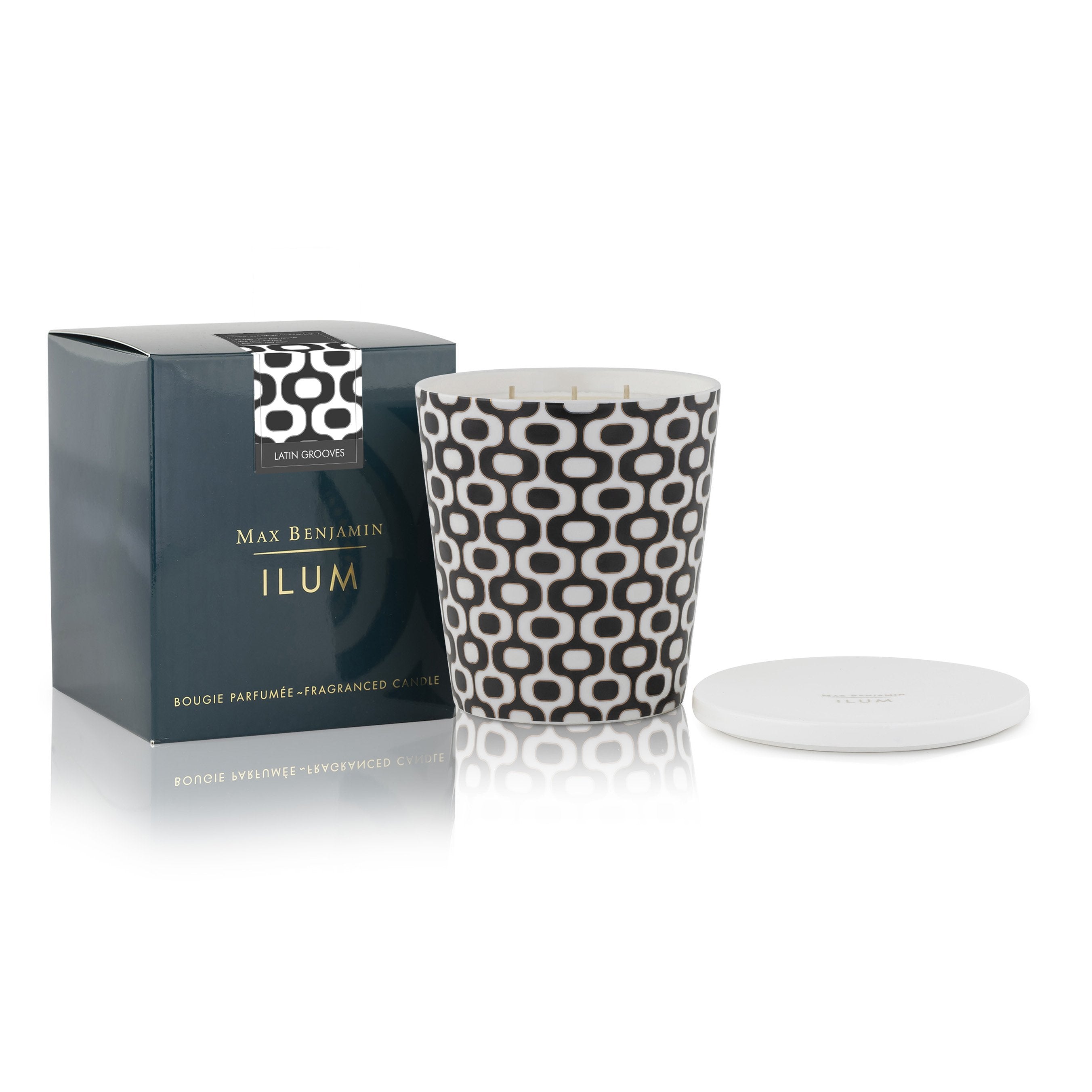 Ilum Latin Grooves hand-poured candle – Latin-inspired pattern and woody amber base
