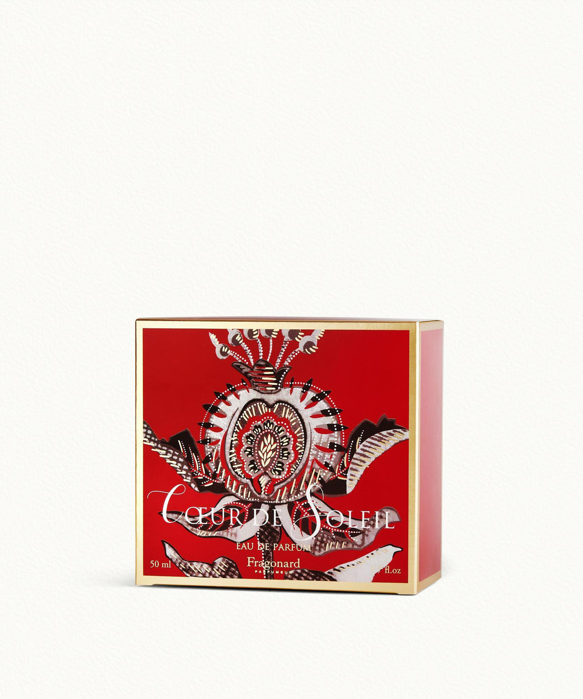 Fragonard Coeur de Soleil 50ml Eau de Parfum flat lay with rose jasmine and amber