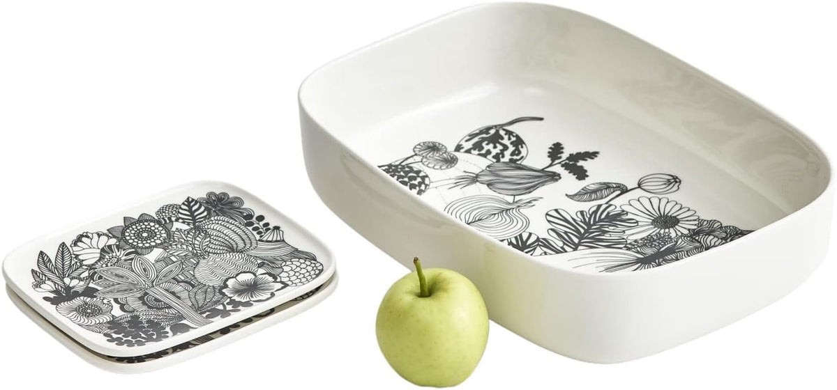 Oiva Siirtolapuutarha Rectangular Plate | Black & White Floral Garden