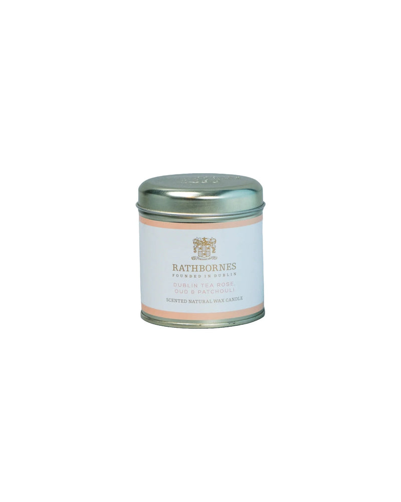 Irish luxury recycled tin candle with rose and oud fragrance